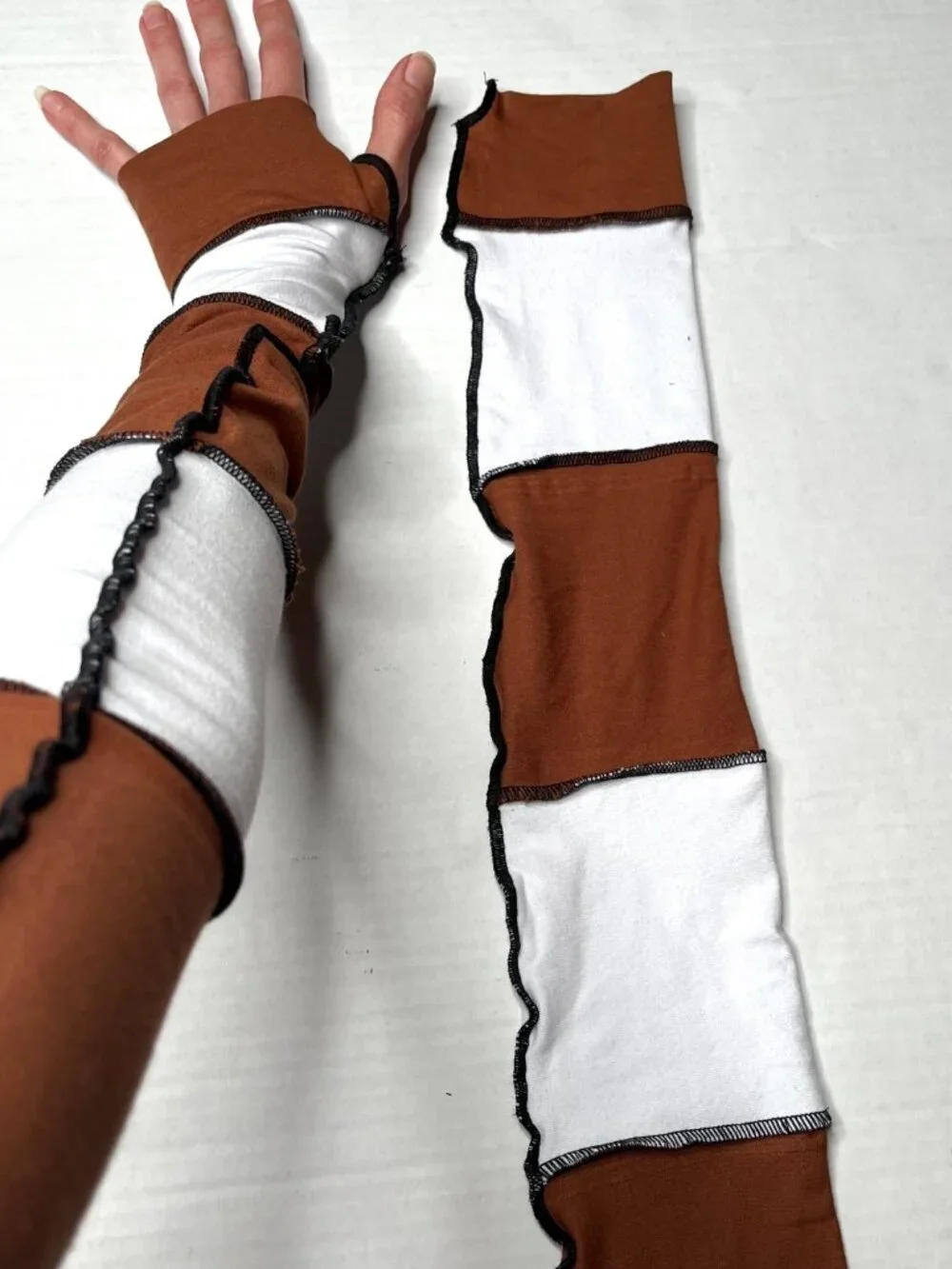Long Striped Gloves Brown Hand Warmers White Armwarmers Cotton Patchwork Sleeves